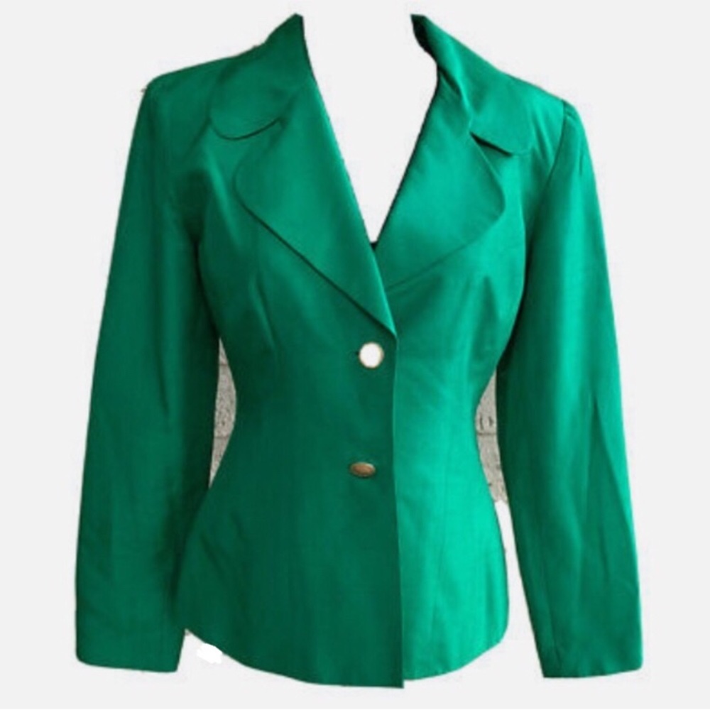 VinTaGe HuG0 BuScaTi WoMen GreEn SuiT SilK Jacket BlaZer SiZe 4 G0ld ButTonS